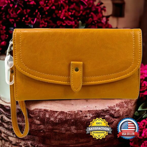 Isabella Wristlet Cell Phone Wallet Compact Purse Yellow Dust Vegan Leather NWT - Picture 1 of 14